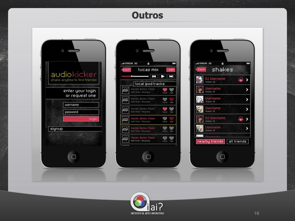 Portfolio slide titled 'Outros' showing AudioKicker social music app screenshots on three iPhones with login, playlist, and friends screens