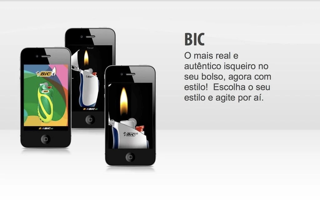 BIC lighter app shown on three iPhones with realistic virtual lighter flames and customizable styles.