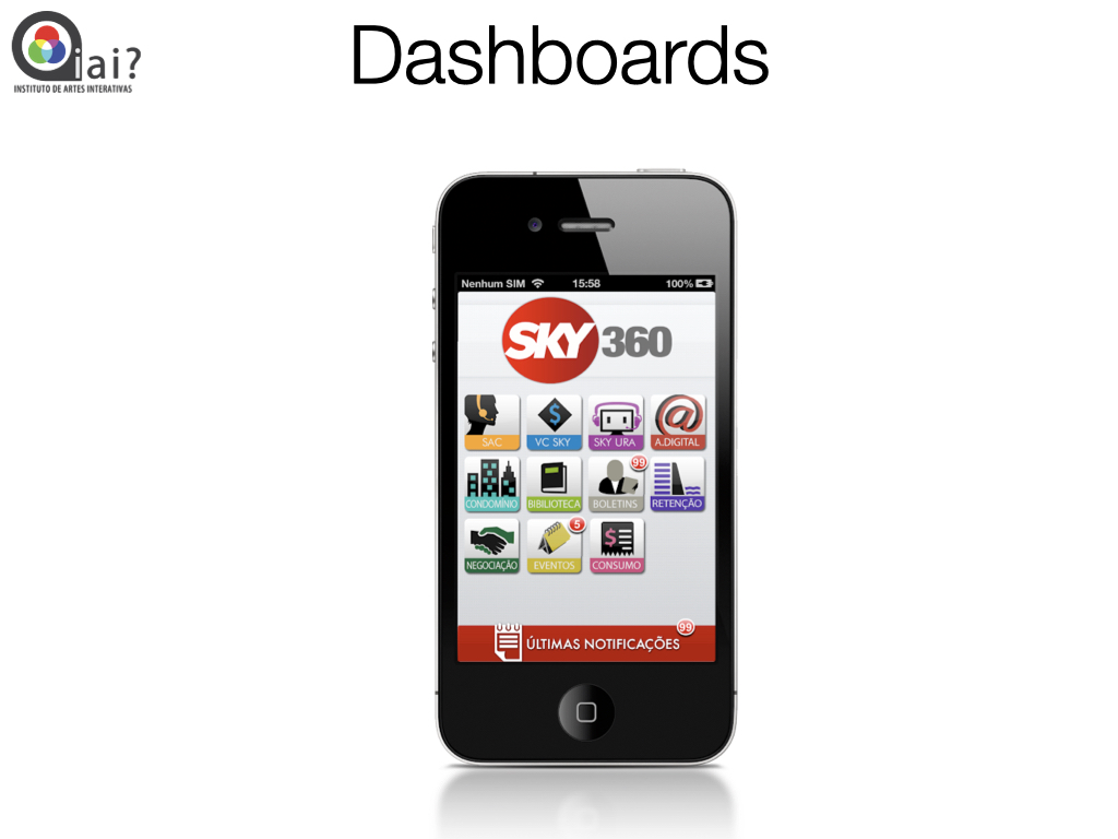 SKY 360 internal dashboard app on iPhone showing modules for SAC, billing, library, bulletins, retention, and notifications.