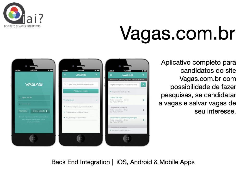 Portfolio slide for the Vagas.com.br job search app on iPhone for searching and applying to jobs.