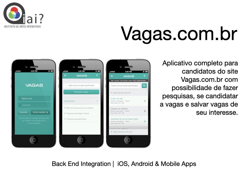 Portfolio slide for the Vagas.com.br job search app on iPhone for searching and applying to jobs.